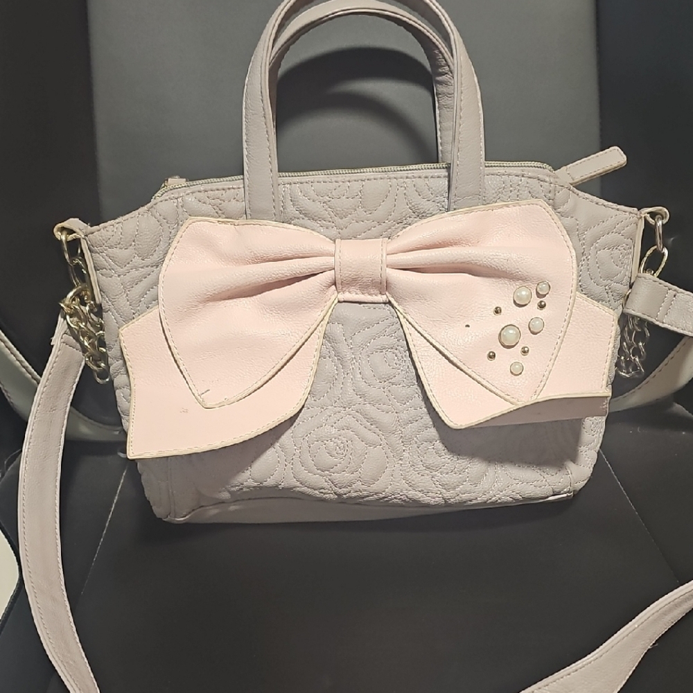 Betsey Johnson Pink and Gray Crossbody Bag with Bow